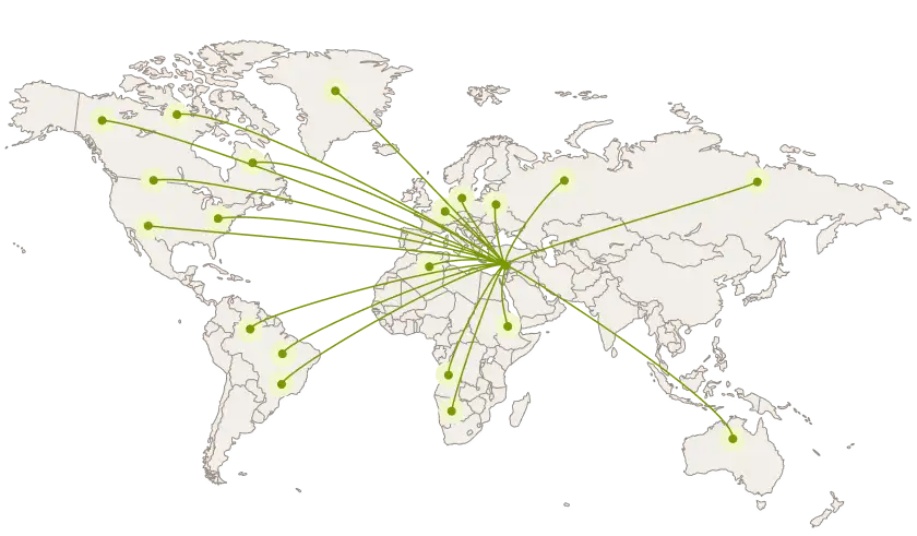 Global map highlighting Tama Netwrap, EZ Web, Twine and Stretchfilm field trial locations worldwide